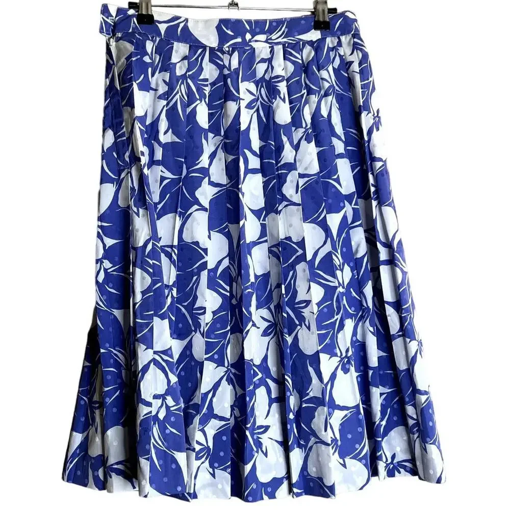 Louis Féraud 2 Piece Skirt Set Blue White Floral Polka Dot Vintage US 10